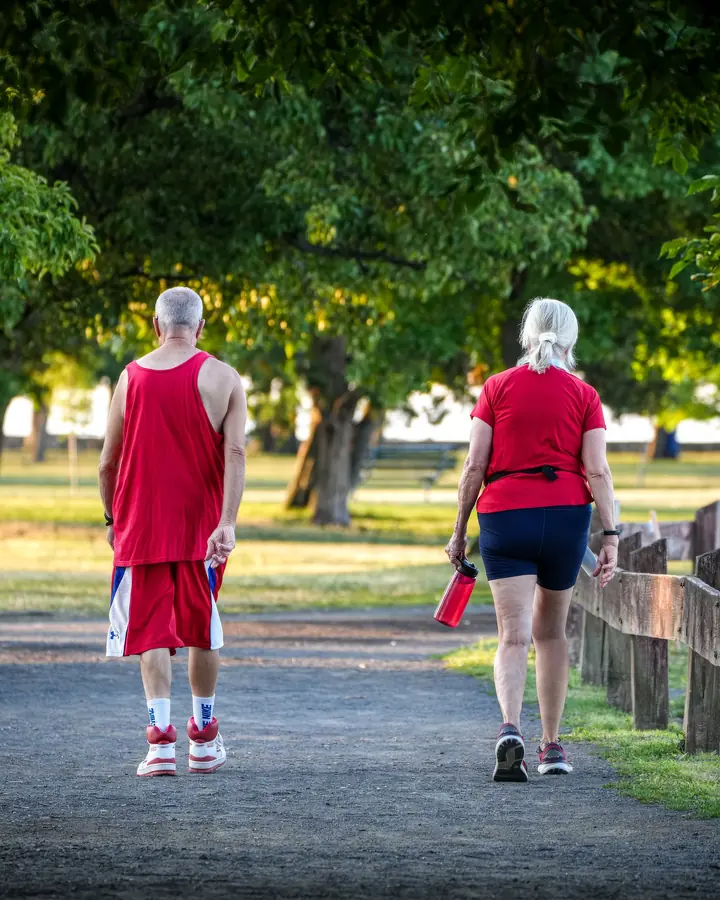 Casal de idosos caminhando no parque